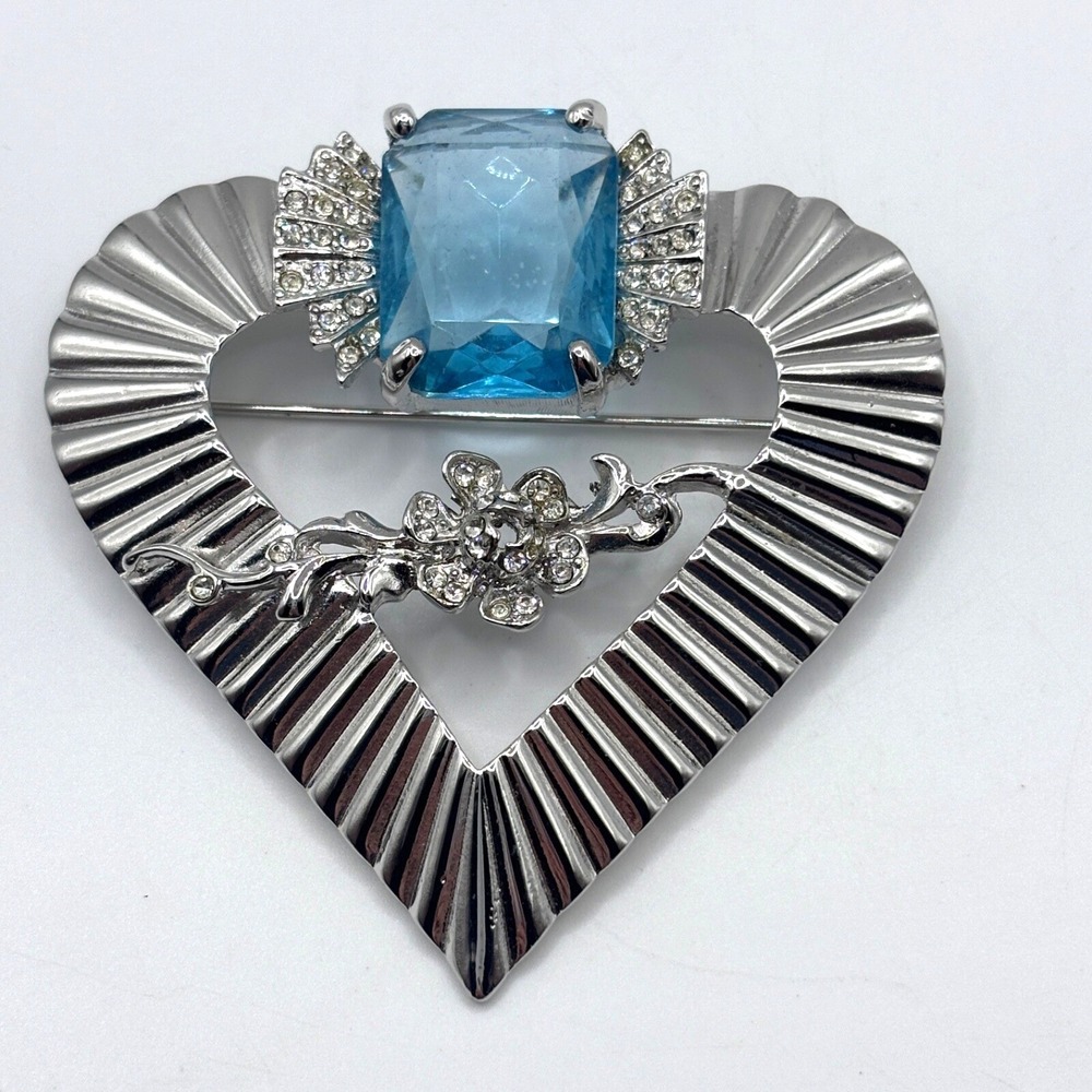 Vintage Alana Stewart Heart Brooch Blue Clear Rhinestones
